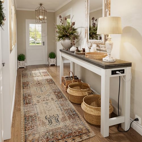Cyclysio 63" Console Tables for Entryway, Long Console Tables for Living Room, Behind Couch Table, Sturdy Wood Support Farmhouse Entryway Table with 3AC+2USB Charging‌ Station, Oak Grey Cyclysio