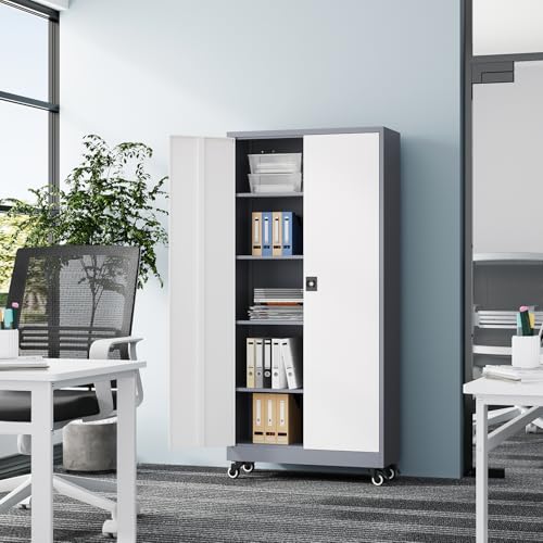 Fesbos Metal Rolling Storage Cabinet-74.6” Tall Steel File Cabinets with Wheels Lockable Doors and Adjustable Shelves-Gray & White Steel Storage Cabinet for Home, School, Office, Garage Fesbos