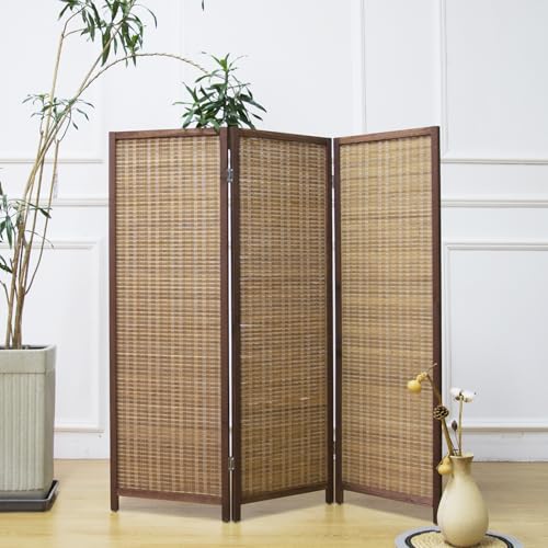 Furnnylane 3 Panel Short Room Divider Screen,Brown Freestanding Partition,Small Bamboo Panel Divider for Room Seperation,3.95 FT Tall Furnnylane