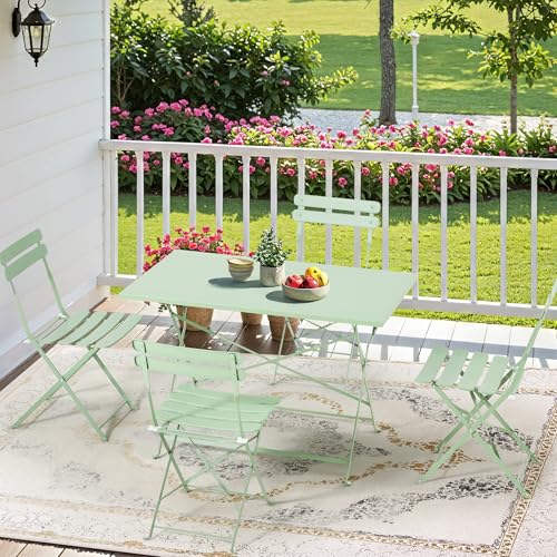 MELLCOM 5-Piece Foldable Patio Dining Set with Rectangular Table and Chairs, Weather-Resistant Iron Outdoor Dining Set for 4 People, Outdoor Table and Chairs for Patio, Yard, Indoor, Green MELLCOM