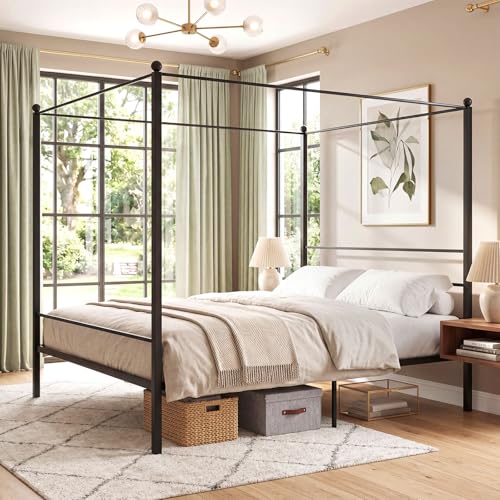 Giantex King Size Metal Canopy Bed Frame, Modern Platform Bed Frame with 4 Poster & Headboard, Mattress Foundation with Sturdy Metal Slat Support, No Box Spring Needed, Easy Assembly, Black