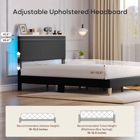 Bestier King Bed Frame with Adjustable Headboard & LED Lighting, Corduroy Upholstered Platform Bed Frame with Storage Shelf, Solid Wood Slats, No Box Spring Needed, Never Squeak, Easy Assembly, Black Bestier