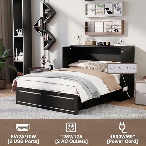 Swyanste Full Size Murphy Bed Cabinet: Black Horizontal Murphy Beds with Storage, Hidden Cabinet Bed Full for Small Spaces, 2 in 1 Murphy's Beds with Charging Station(Black) Swyanste
