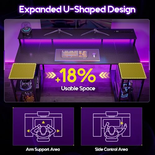 ODK 48 Inch Gaming Desk with LED Lights and Power Outlet, U-Shaped Computer Desk with Monitor Stand and Storage Shelves, PC Gamer Table for Home Office, Carbon Fiber Black ODK