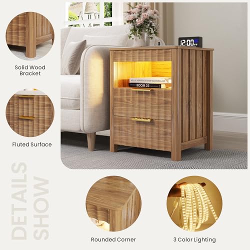 Dystler Fluted Night Stand with Gun Drawer, Wood Nightstand with Charging Station and Human Sensor, Modern Bedside Table with LED Light and Storage Shelf for Bedroom, Natural Dystler