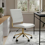 Martha Stewart Ivy Armless Swivel Task Chair for Home Office in White Faux Leather with Polished Brass Frame Martha Stewart