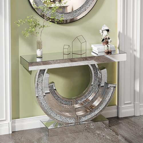 42.9"W x 31.5"H Mirrored Entryway Console Table with C-Shaped, Silver Crushed Diamond Hallway Table, Modern Handcraft Glass Couch Table Behind Sofa, Foyer Table for Living Room, Entrance and Corridor Neftis