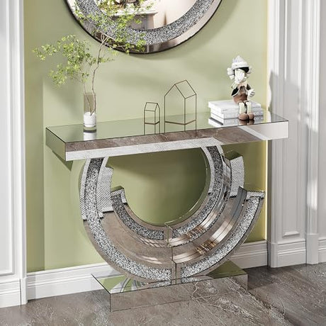 42.9"W x 31.5"H Mirrored Entryway Console Table with C-Shaped, Silver Crushed Diamond Hallway Table, Modern Handcraft Glass Couch Table Behind Sofa, Foyer Table for Living Room, Entrance and Corridor Neftis