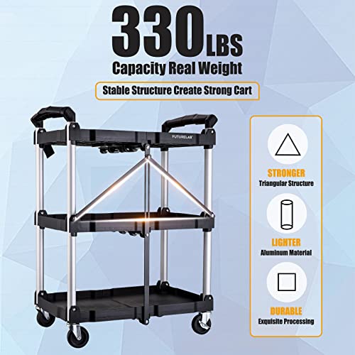 FUTURELAB Portable Folding Service Cart - 3 Tier 330LBS Capacity - Rolling Cart Utility Cart Foldable Cart with Wheels for Warehouse Home Workshops - WoodArtSupply