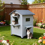 Weatherproof Outdoor Insulated Cat House for Feral Multi Cat, 2 Storey Plastic Elevated Cat Shelter with Escape Door, Easy Assemble, Expansive Interior‌ Grey 34" D x 21" W x 21.5" H HiCaptain