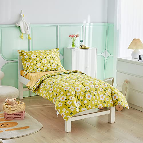 Uozzi Bedding 4 Pieces Yellow Girls Toddler Bedding Set White Floral Style - Includes Adorable Quilted Flower Comforter, Fitted Sheet, Top Sheet, and Pillow Case for Girls Bed UOZZI BEDDING