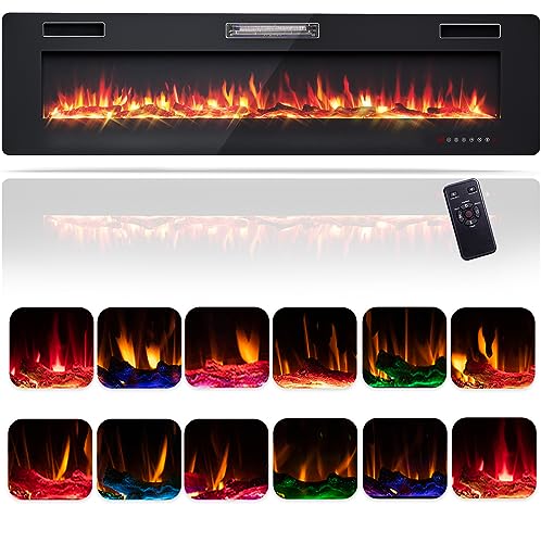 RELAX4LIFE 68" Recessed and Wall-Mounted Electric Fireplaces - Electric Fireplace Inserts with Remote Control, 1-8 Hours Timer, Touch Screen, 12 Adjustable Flames, 5 Speeds, 750/1500W Wall Fireplace RELAX4LIFE