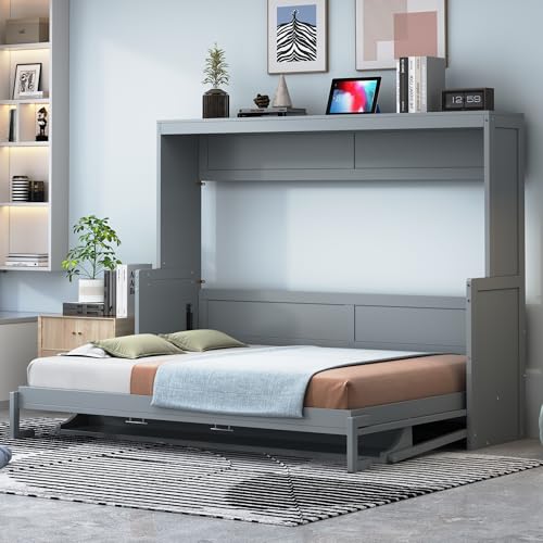 Merax Murphy Bed Full Size with Desk, Wood Folding Wall Bedframe with Smooth Hydraulic Lift, for Small Bedroom, Guest Room, Home Office, Grey Merax