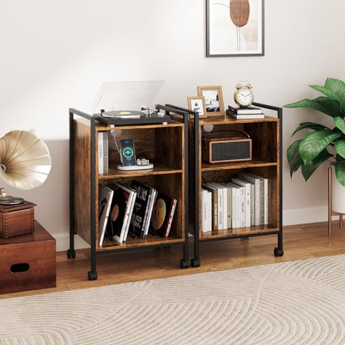 LOKO Record Player Stand with Charging Station, 3-Tier Vinyl Turntable Stand On Wheels with Open Shelves, Metal Dividers, Industrial End Table Turntable Holder for Bedroom, Living Room LOKO