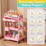 SUNALLY Makeup Cart Organizer with Drawers, Floor Skincare Organizers Vanity Storage Organizer, Rolling Makeup Bathroom Storage Cart Cosmetics Display Cases for Skin Care Perfume Nail Polish, Pink