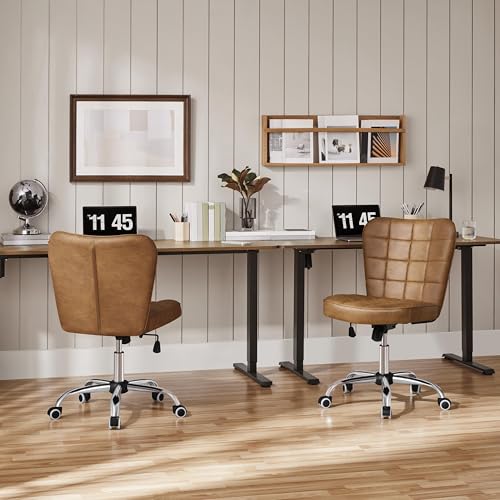 Yaheetech Armless Desk Chair Modern Tufted Office Chair Faux Leather Upholstered Computer Chair with Adjustable Seat Height and Rolling Wheels for Home/Office, Retro Brown Yaheetech