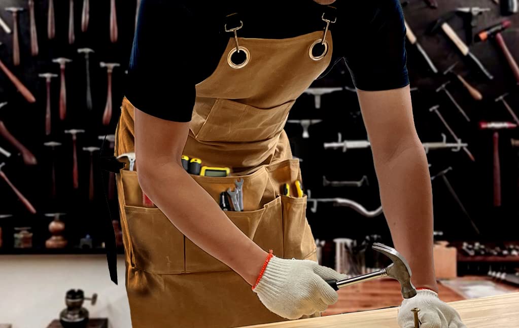 OPTIGRAM Waxed Canvas Durable Tool Apron, Heavy Duty Work Apron with 10 Pockets for Accessaries, Woodworking Work Shop Apron for Safty Protection (Khaki) OPTIGRAM