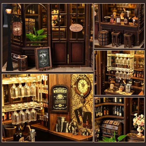 Corner Tavern Book Nook Kit, 3D Wooden Puzzle DIY Miniature House with Warm LED Light, Aesthetic Bookshelf Insert Decor for Adults & Teens