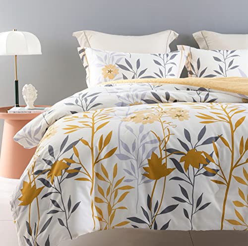 SLEEPBELLA Comforter King Size, 600 Thread Count Cotton Grey Branch with Yellow Flower & Grey Leaves Pattern Orange Reversible Comforter Set,Down Alternative Bedding Set 3Pcs(King, Yellow Botanical) SLEEPBELLA