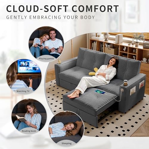 Tabaray 73.2'' Futon Sofa Bed Full, Convertible Pull Out Couch with Adjustable Backrest, Pre-Assembled Corduroy Sleeper Sofa, 2 Cup Holders & Pockets, USB, Loveseat for Living Room, Apartment, Grey Tabaray