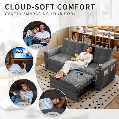 Tabaray 73.2'' Futon Sofa Bed Full, Convertible Pull Out Couch with Adjustable Backrest, Pre-Assembled Corduroy Sleeper Sofa, 2 Cup Holders & Pockets, USB, Loveseat for Living Room, Apartment, Grey Tabaray