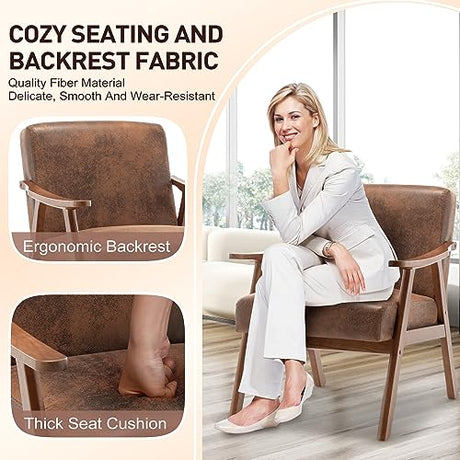 SmartEdge Accent Chair, Living Room Chairs with Extra-Thick Backrest, Lounge Accent Chair with Solid Wood Frame, Comfy Tech Cloth Vanity Chair Armchair for Bedroom, Reading Room, Office, Brown SmartEdge