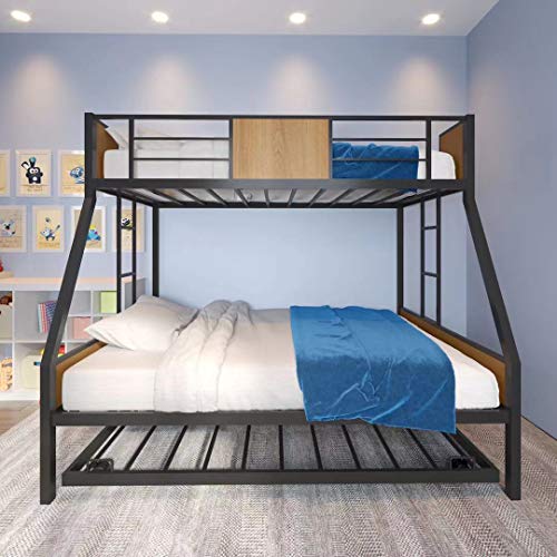 Olela Twin Over Full Bunk Beds with Trundle Bed, Heavy Duty Metal Frame with Safety Rails & 2 Side Ladders for 3 Sleepers, No Box Spring Needed for Kids, Teens, Guest Room, Max Capacity 850 Lbs Olela