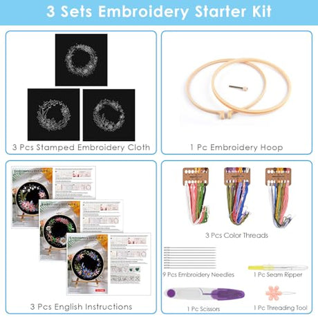 ERKOON 3 Sets Embroidery Kit, Floral Cross Stitch Set for Include Embroidery Cloth Hoops Threads for Craft Lover Hand Stitch (Garlands) ERKOON