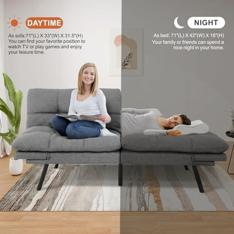 MUUEGM Futon Sofa Bed，Memory Foam Futon Convertible Couch Bed, Sofa Bed Couch,Modern Loveseat Sofa,Sleeper Couch for Small Space，Apartment, Living Room,Adjustable Backrests Armrests,Light Grey MUUEGM