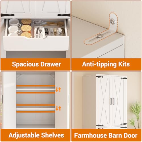 Unikito 71" Tall Kitchen Pantry Storage Cabinet with Farmhouse Barn Doors and Storage Drawer, 4 Adjustable Shelves, Freestanding Cupboard for Dining Room, Living Room, Utility Room, White Unikito
