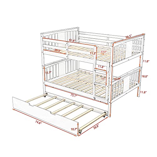Merax Full Over Full Bunk Bed with Trundle, Convertible to Two Separate Beds, Solid Pine Wood Frame with Safety Guardrail & Headboard/Footboard, Sturdy Durable Design, No Box Spring Needed, Grey Merax