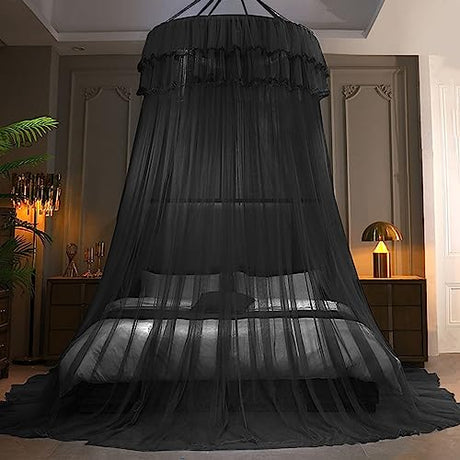Kertnic Mosquito Net Bed Canopy for Girls, Princess Canopy Bed Curtain Fine Sheer Mesh Dome Bed Canopies, Kids & Adults Lace Tent for Twin Full Queen King Bed (Black) Kertnic