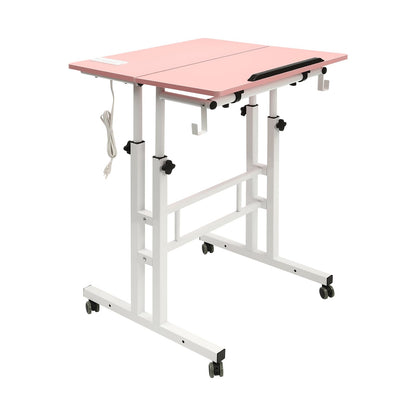 Upyouths Mobile Stand up Desk with USB Interfaces&Socket, Adjustable Standing Desk with Wheels Home Office Workstation, Sit Stand Desk Rolling Desk Laptop Cart for Standing or Sitting (Pink)