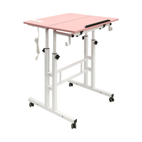Mobile Stand up Desk with USB Port, Small Adjustable Standing Desk with Wheels Home Office Workstation, Portable Rolling Desk Laptop Cart for Standing or Sitting (23.6", Pink, w/USB Socket) Offabing