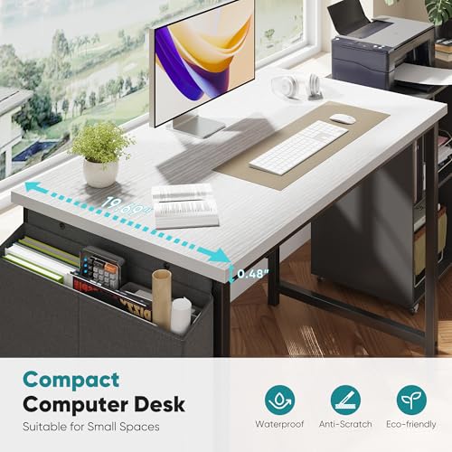 OLIXIS Computer Desk 44 Inch Home Office Desks for Small Spaces, Gaming Writing Study Work Table with Storage Bag for Bedroom, White OLIXIS