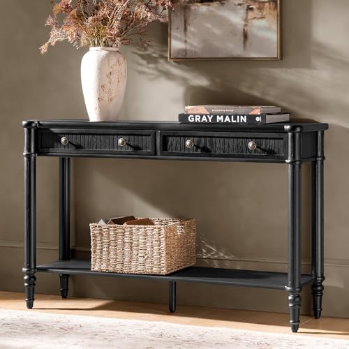 HULALA HOME Mid Century Modern Console Table with Natural Wood Grain, Fluted Entryway Table with 2 Drawers & Lower Shelf, 47.2" W x 13.78" D x 30" H(Black) HULALA HOME