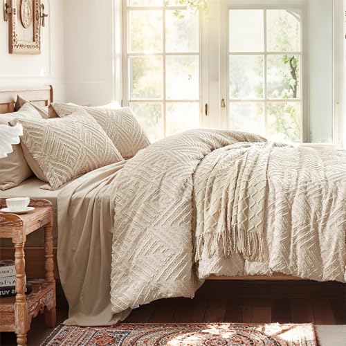 Zzlpp Queen Comforter Set 7 Pieces, Beige Bed in a Bag Queen Size, Tufted Boho Bedding Set with 1 Comforter, 2 Pillow Shams, 2 Pillowcases, 1 Flat Sheet, 1 Fitted Sheet Zzlpp