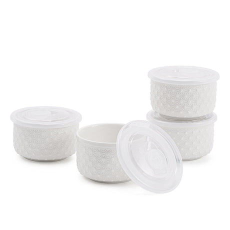 Mosuji 10 oz Set of 4 Oven-Safe Porcelain Ramekins with Lids, Large White Souffle and Creme Brulee Baking Dishes, Ramekin Bowls for Sauce and Dessert Mosuji