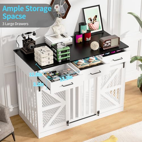 kepptory 48'' Dog Crate Furniture with Divider&Storage Drawers, Wooden Double Dog Kennel Furniture End Table with Sliding Barn Doors, White Double Dog Crate TV Stand kepptory