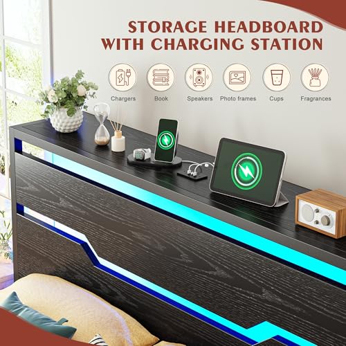 Homkdom King Size Bed Frame with LED Lights & Charging Station, King Bed Frame and Headboard,Metal Bed Frame King Size Heavy Duty,13" Under Bed Storage,No Box Spring Needed, No Noise,Modern Black Homkdom