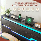Homkdom King Size Bed Frame with LED Lights & Charging Station, King Bed Frame and Headboard,Metal Bed Frame King Size Heavy Duty,13" Under Bed Storage,No Box Spring Needed, No Noise,Modern Black Homkdom