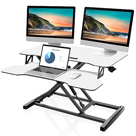 FITUEYES Height Adjustable Standing Desk 32” Wide Sit to Stand Converter Stand Up Desk Tabletop Workstation for Laptops Dual Monitor Riser White SD308003WW FITUEYES