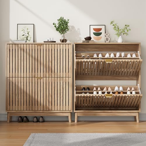Kiasthome 2 Flip Drawer Shoe Storage Cabinet, Wooden Shoe Organizer with Ventilated Slatted Doors for Entryway, Hallway, Living Room (Wood, 31.5" W) Kiasthome