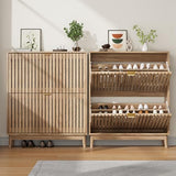 Kiasthome 2 Flip Drawer Shoe Storage Cabinet, Wooden Shoe Organizer with Ventilated Slatted Doors for Entryway, Hallway, Living Room (Wood, 31.5" W) Kiasthome