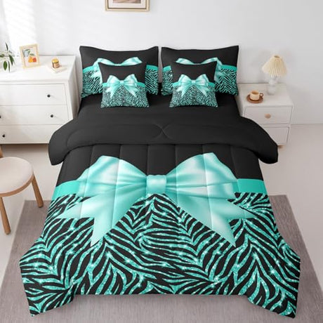 Feelyou Teal Bowknot 7 Piece Bedding Set Queen Size Glitter Print Comforter Set with Sheets for Kids Girls Adult Cute Bowknot Bed in a Bag Black Silver Bed Set Feelyou