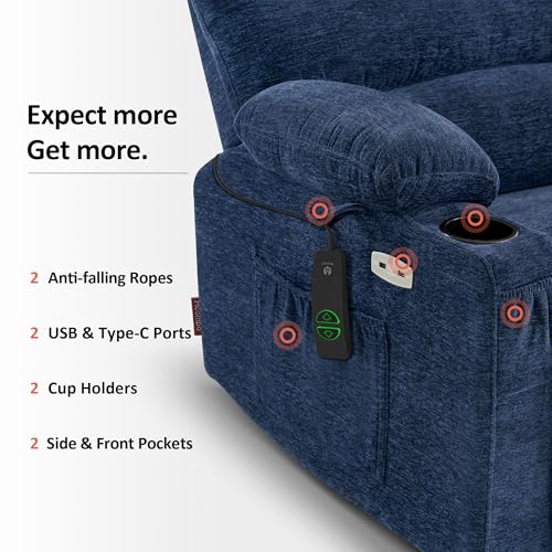 MCombo Power Lift Recliner Chair for Elderly, Lift Chair with Heat and Massage, USB &Type C Ports, Cup Holders, Fabric 7095 (Medium, Navy Blue)