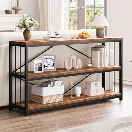 LVB Industrial Console Entryway Table, Metal Wood Rustic Sofa Table with Storage, Farmhouse 3 Tier Shelf Long Hallway Foyer Entry Tables Behind Couch for Home Living Room Entryway, Rustic Brown, 55 In LVB