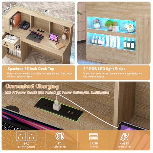 55" Reception Desk with LED Lights Power Outlets,L-Shaped Modern Front Table Reception Room Table with Cable Grommet,Lockable Drawers,Retail Checkout Counter for Lobby,Salon,Home Office Desk,Oak Hlivelood