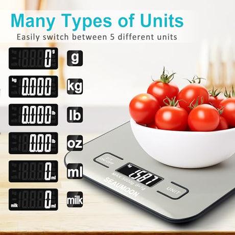 Food Scale Kitchen-Scale 11lb/5kg Food Scale for Kitchen Stainless Steel LCD Display Tare Function (g/oz/ml) for Meal Prep Coffee (Batteries Included) SEAUMOON