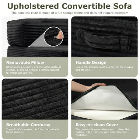NLDD 5-in-1 Convertible Sofa Bed, Boneless Couch Loveseat Sleeper with Removable Cushions & Washable Cover, Futon Sofa Bed with Handle, Pull Out Couch for Small Spaces, Full Size, Black NLDD